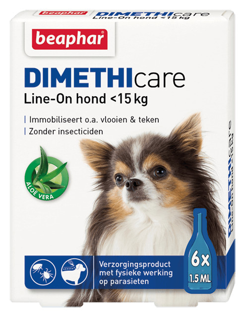 Afbeelding van 6 pipetten Anti-Vlo & Anti-Teek Hond | tot 15 kg | Dimethicare Line-On Beaphar