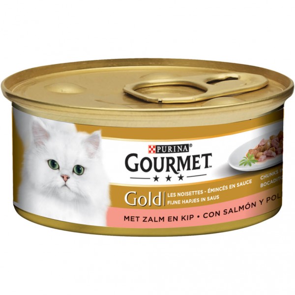 Gourmet Gourmet Gold Fijne Hapjes in saus met zalm en kip natvoer kat (85 g) 1 tray (24 x 85 g)