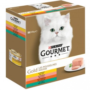 Afbeelding Gourmet Gold 8-Pack Mousse kip/zalm/niertjes/konijn kat 6 doosjes (48 blikken) door Brekz.nl