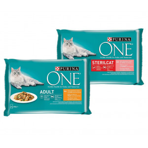 Purina One Combipack nat kattenvoer Pouch Adult Kip (24x85g) + Pouch Sterilcat Zalm (24x85g)