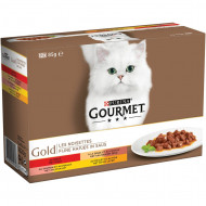 Gourmet Gold Fijne Hapjes in saus met rund, kalkoen en eend, zalm en kip, kip en lever 1 verpakking (48 x 85 g)
