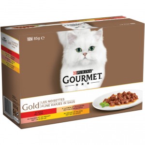 Gourmet Gold Fijne Hapjes in saus met rund, kalkoen en eend, zalm en kip, kip en lever (85g) 96 x 85