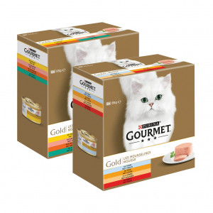 Afbeelding Gourmet Gold 8-Pack Mousse kip/zalm/niertjes/konijn kat 6 doosjes (48 blikken) door Brekz.nl