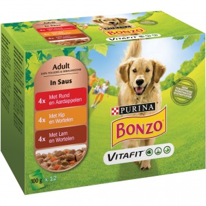 Afbeelding Bonzo Vitafit Adult maaltijdzakjes met rund, kip, lam en groenten in saus hondenvoer 8 x (12 x 100 gr) door Brekz.nl