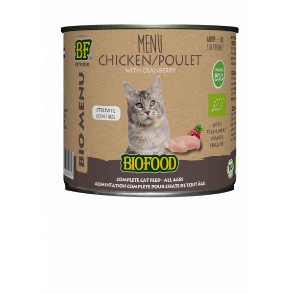 BF Petfood Biofood Organic Kip Bio menu Struvite Control natvoer kat (blik 200 gram) 24 x 200 g
