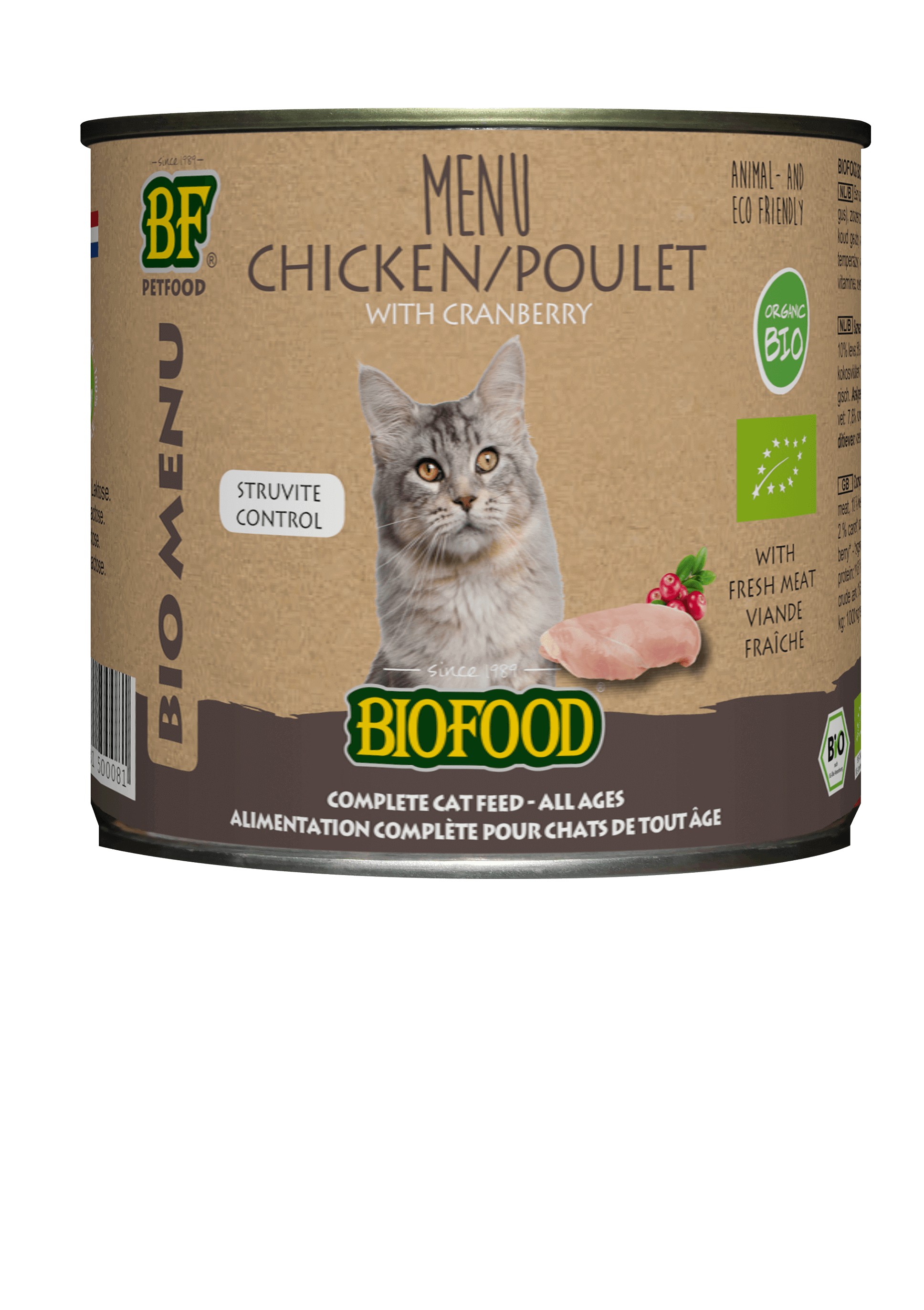 Afbeelding van 12x200 g BF Petfood Biofood Organic Kip Bio menu Struvite Control natvoer kat (blik 200gr)