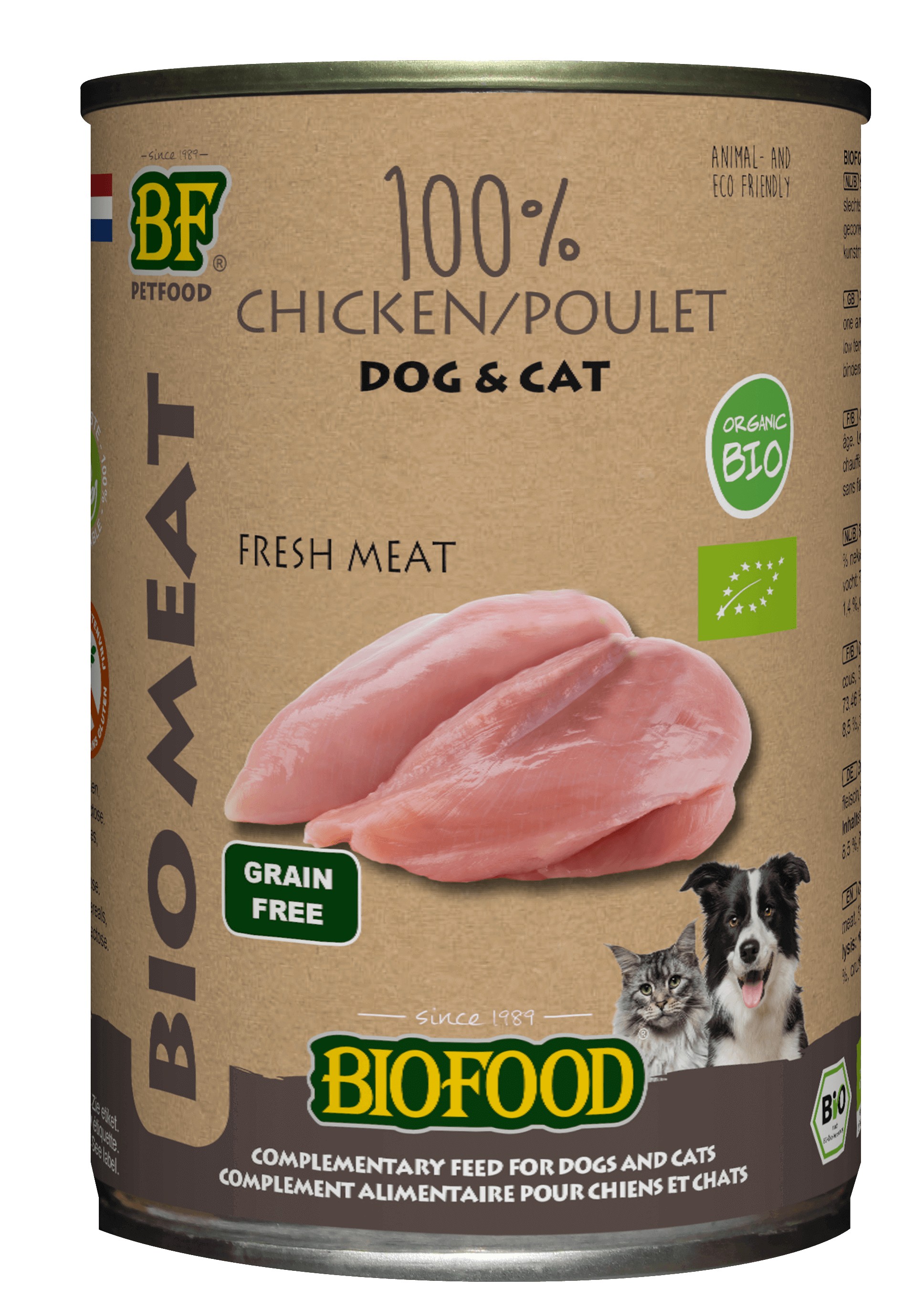 Afbeelding van 12x 400 g BF Petfood Biofood Organic 100% kippenvlees natvoer hond & kat (blik 400 g)