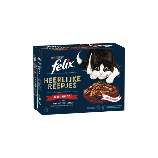 Felix Felix Heerlijke Reepjes Farm Selectie met rund, kip, eend, kalkoen in saus natvoer kat 48 x 80 g Vis selectie + 48 x 80 g Farm selectie