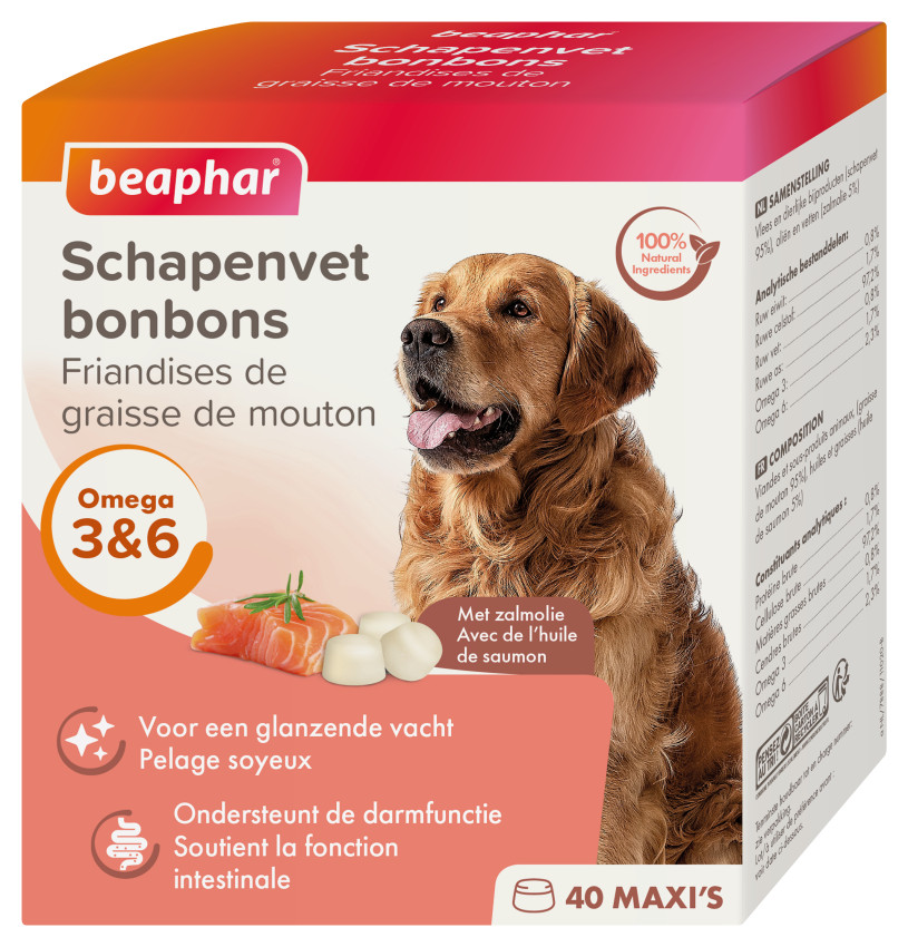 Afbeelding van 1 verpakking Beaphar Schapenvet bonbons met zalm voor de hond