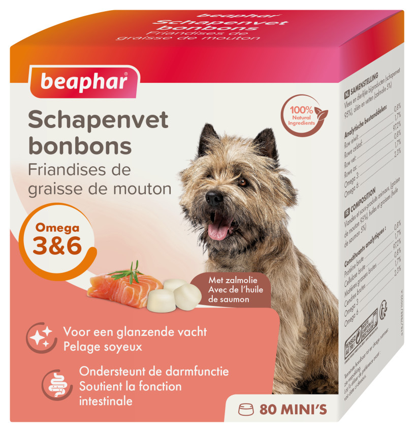 Afbeelding van 5 verpakkingen Beaphar Schapenvet Mini bonbons met zalm voor de hond