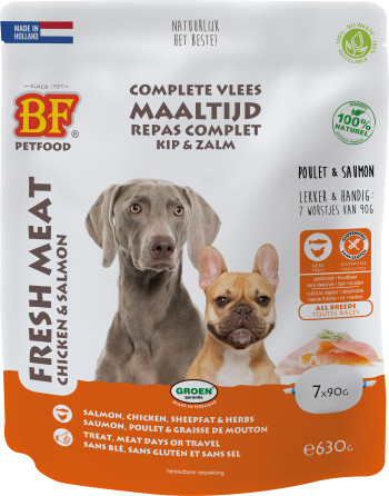 Afbeelding van 2x 630 g BF Petfood Vleesvoeding kip met zalm hondenvoer (portieverpakkingen)