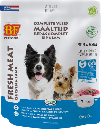 Afbeelding van 630 g BF Petfood Vleesvoeding kip met lam hondenvoer (portieverpakkingen)