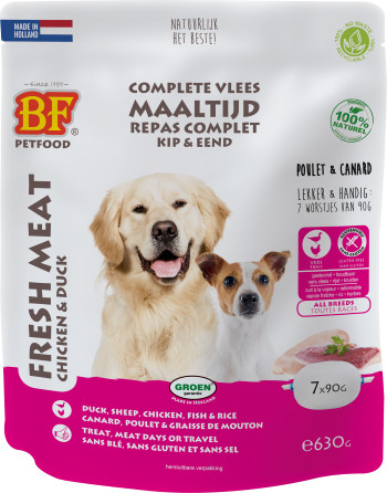 Afbeelding van 630 g BF Petfood Vleesvoeding kip met eend hondenvoer (portieverpakking)