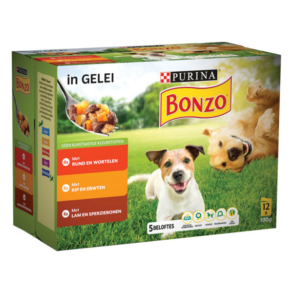 Bonzo Purina Bonzo met rund, kip, lam in gelei maaltijdzakjes natvoer hond 4 dozen (48 x 85 g)
