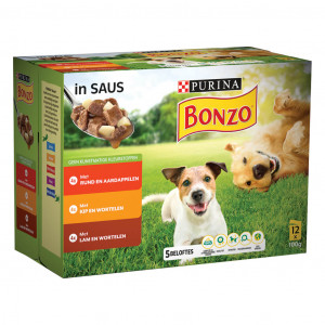 Bonzo Adult Maaltijdzakjes Rund, Kip en Lam in Saus hondenvoer