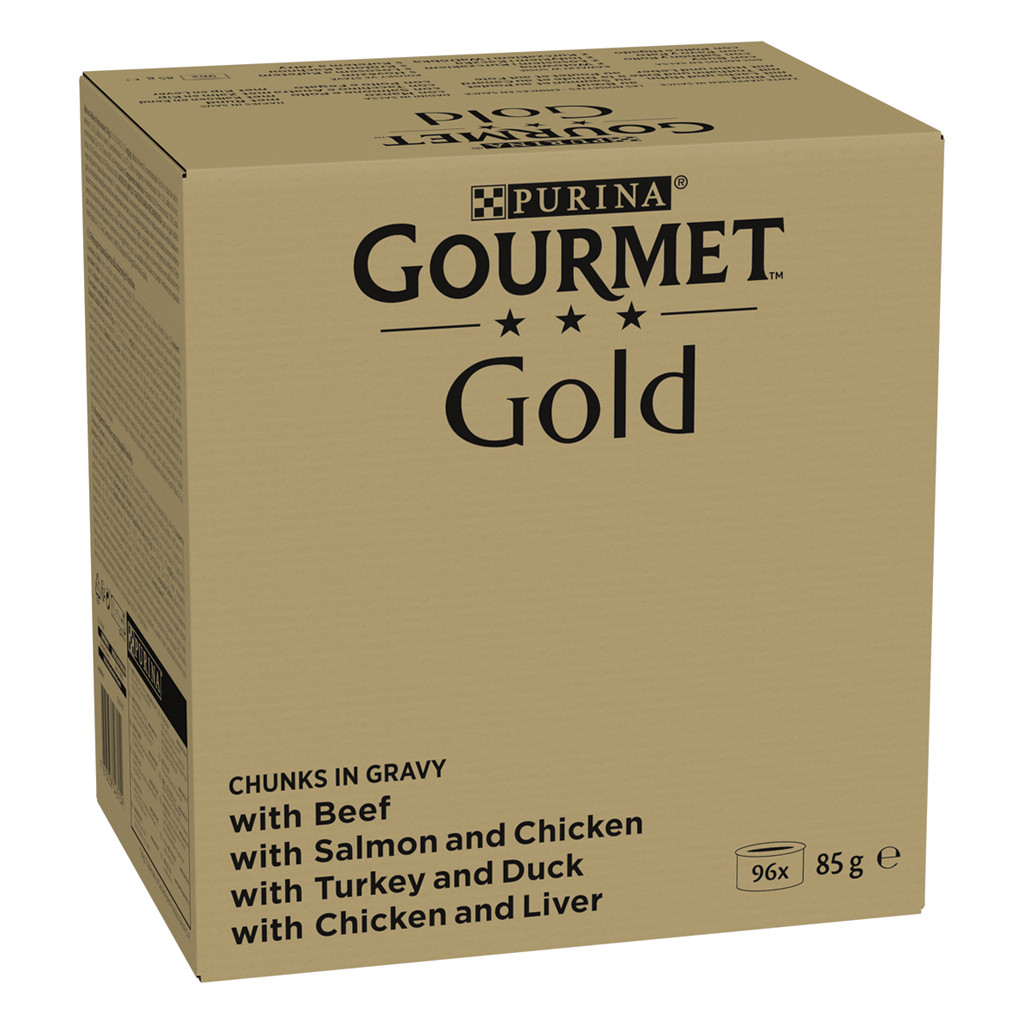 Gourmet Gold Fijne Hapjes in saus met rund, kip en lever, zalm en kip, kalkoen en eend natvoer kat (96x85 g)