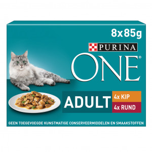 Purina One Adult reepjes in saus met kip en sperziebonen, rund en wortel natvoer kat (8x85g) 16 x 85