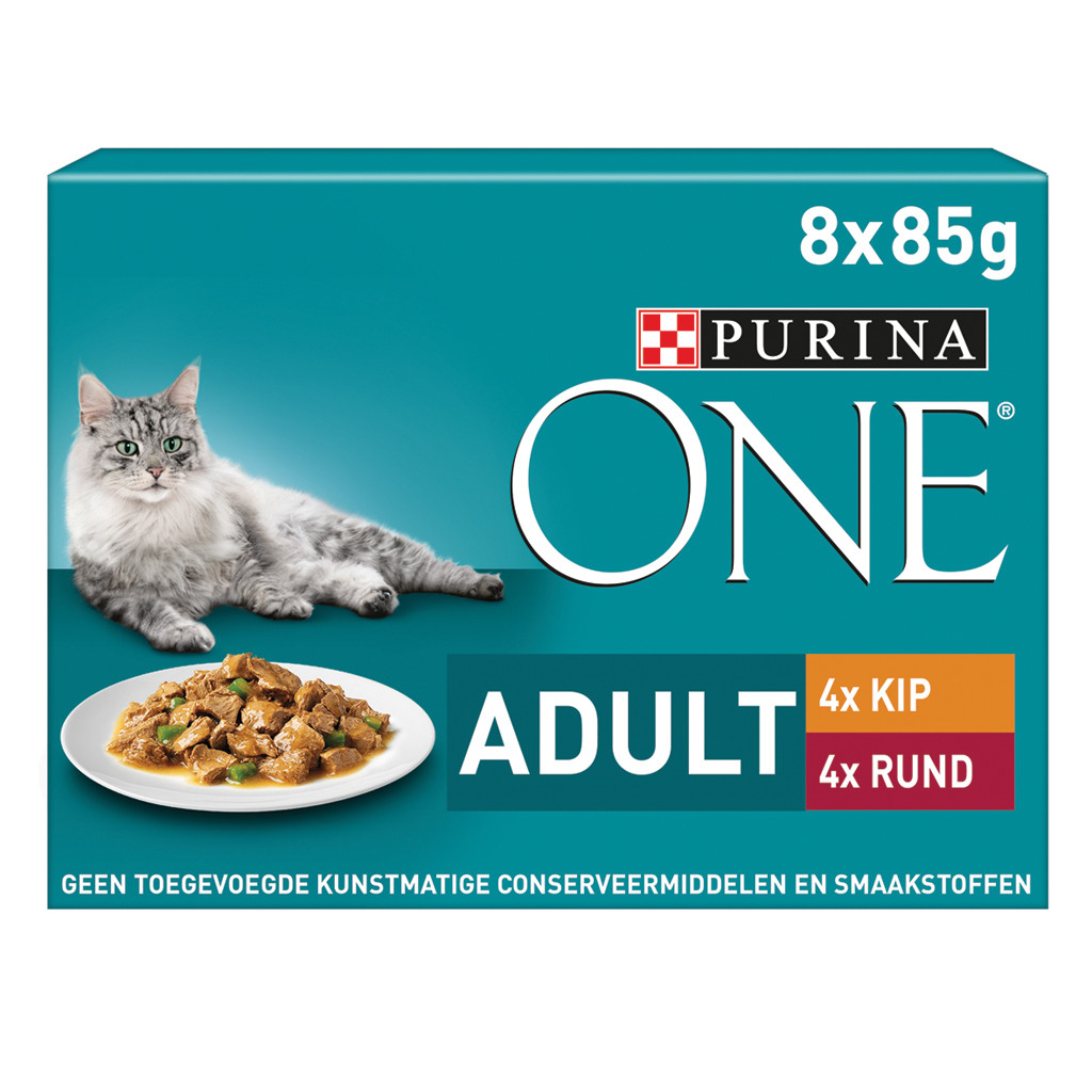 Purina One Adult reepjes in saus met kip en sperziebonen, rund en wortel natvoer kat (8x85g)