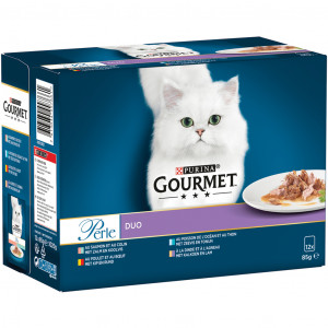 Gourmet Perle Land en Zee Duo met kip+rund en zalm+koolvis natvoer kat (12x85g)