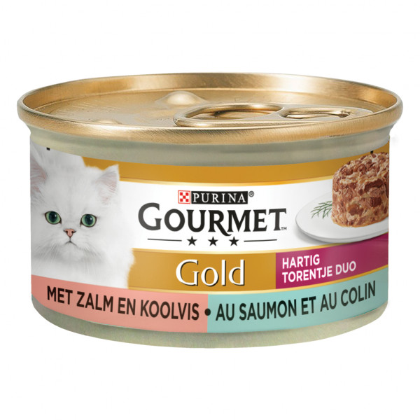 Gourmet Gourmet Gold Hartig Torentje Duo met zalm en koolvis natvoer kat (24x85 g) 2 trays (24 x 85 g)