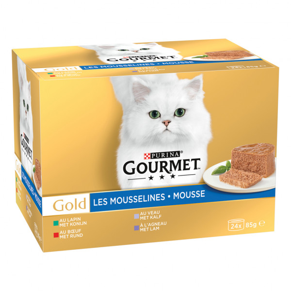 Gourmet Purina Gourmet Gold mousse met konijn, rund, kalf en lam natvoer voor de kat (85g) 1 doos (24 x 85 g)