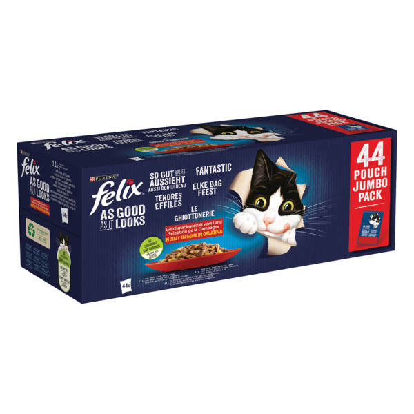 Felix Felix Elke Dag Feest Farm Selectie met rund, kip, eend, lam in gelei natvoer kat (jumbopack) Per doos (44 x 85 g)
