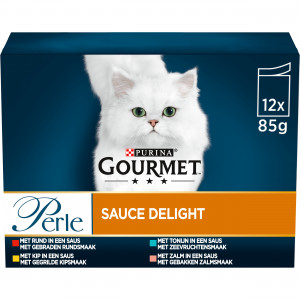Gourmet Perle Sauce Delight met rund/kip/tonijn/zalm nat kattenvoer 85g zakje 8 x (12 x 85 g)