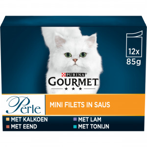 Afbeelding Gourmet Perle Mini Filet in saus met kalkoen/eend/tonijn/lam nat kattenvoer 85 gr zakjes 12 x 85 gr door Brekz.nl