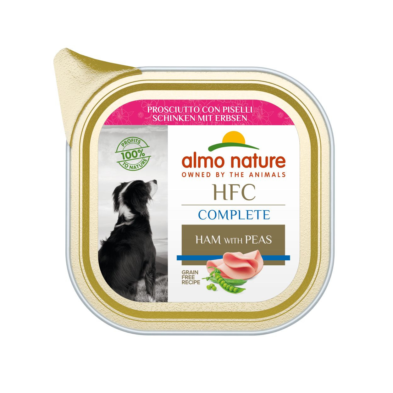 Afbeelding van 1 tray (17x 85 g) Complete ham met erwten natvoer hond (85 g) Almo Nature