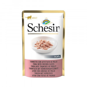 Afbeelding Schesir tonijn met kipreepjes (jelly) natvoer kat (zakjes 85 g) 2 dozen (40 x 85 g) door Brekz.nl