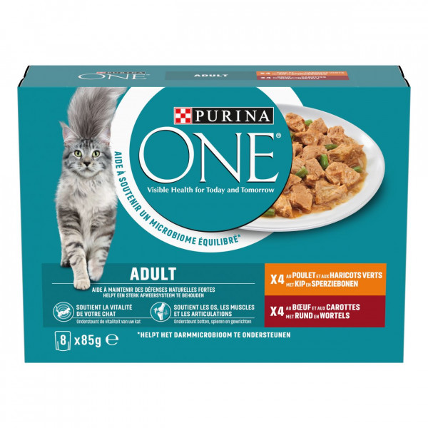 Purina One Purina One Adult met kip, rund en groenten in saus natvoer kat 8 x 85 g