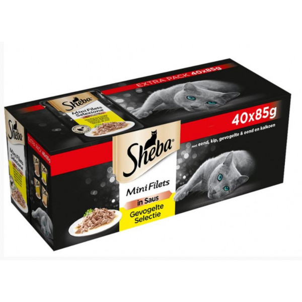 Sheba Mini Filets in saus met gevogelte multipack natvoer kat zakjes (85 g) 1 verpakking (40 x 85 g)