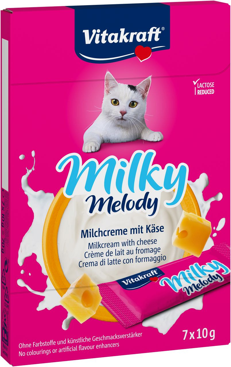 Afbeelding van 1 verpakking Vitakraft Milky Melody melkcrème met kaas kattensnack (7 x 10 g)