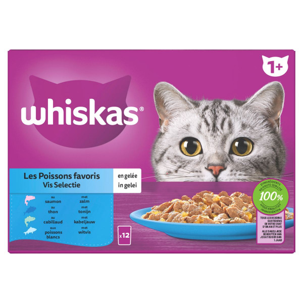 Whiskas 1+ Vis Selectie in gelei multipack (85 g) 4 verpakkingen (48 x 85 g)