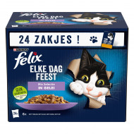 Felix Elke Dag Feest Mix Selectie met tonijn, zalm, rund, kip in gelei natvoer kat 4 dozen (96 x 85 g)