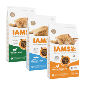 Iams Adult combipack met vis, lam, kip kattenvoer 3 x 3 kg afbeelding