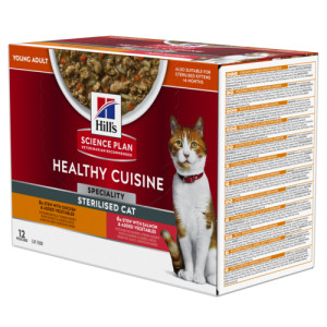Hill&apos;s Healthy Cuisine Adult Sterilised stoofpotje voor kat met kip & groenten, met zalm & groenten maaltijdzakje combipack 2 dozen (24 x 80 g) afbeelding