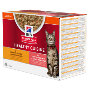 Hill&apos;s Healthy Cuisine Adult stoofpotje voor kat met kip & groenten, met zalm & groenten maaltijdzakje combipack 2 dozen (24 x 80 g) afbeelding