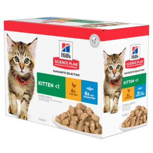 Hill&apos;s Kitten Favourite Selection nat kattenvoer met kip en met zeevis maaltijdzakje combipack 1 doos (12 x 85 g) afbeelding