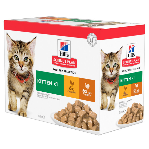 Hill's Hill's Kitten Poultry Selection nat kattenvoer kip kalkoen maaltijdzakje combipack 1 doos (12 x 85 g)