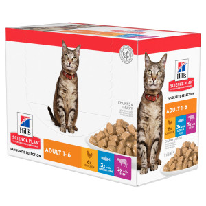 Hill&apos;s Adult Favourite Selection nat kattenvoer met kip, rund & zeevis maaltijdzakje combipack 2 dozen (24 x 85 g)