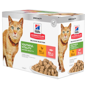 Hill&apos;s Mature Adult Senior Vitality nat kattenvoer met kip en zalm maaltijdzakje combipack 2 dozen (24 x 85 g)