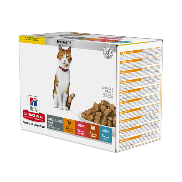 Hill's Hill's Adult Sterilised Cat nat kattenvoer met kip, zalm, forel, kalkoen maaltijdzakje combipack 1 doos (12 x 85 g)