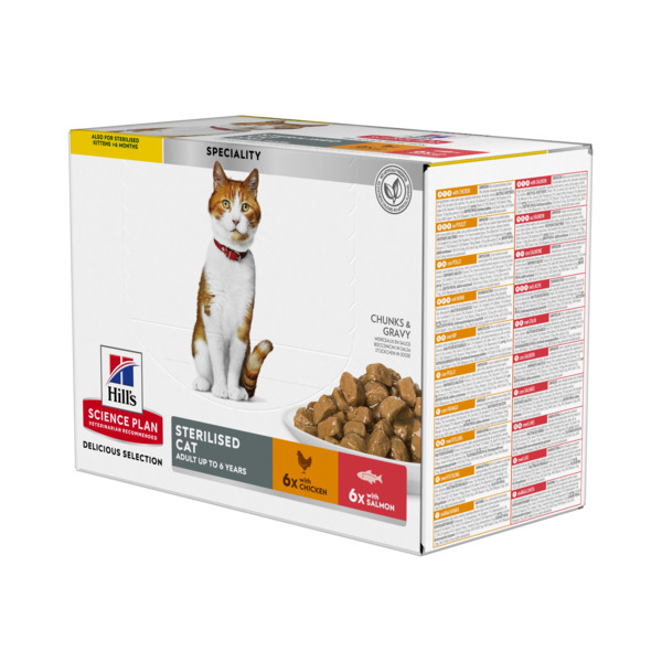 Hill's Hill's Adult Sterilised Cat nat kattenvoer met kip en zalm maaltijdzakje combipack 1 doos (12 x 85 g)
