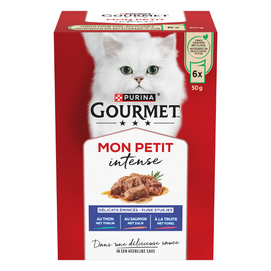 Gourmet Mon Petit Intense met tonijn, zalm of forel natvoer kat