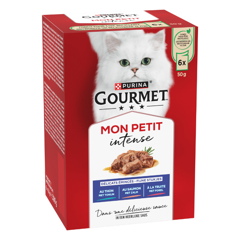 Gourmet Mon Petit Intense met tonijn, zalm of forel natvoer kat