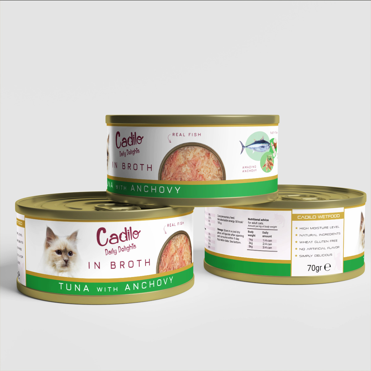 Cadilo Daily Delights - tonijn met ansjovis in bouillon - natvoer kat (70 g)