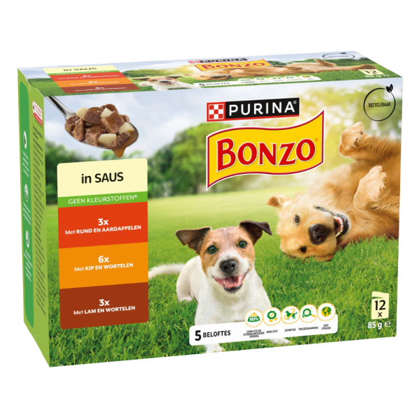 Bonzo Purina Bonzo met rund, kip, lam in saus maaltijdzakjes natvoer hond 4 dozen (48 x 85 g)