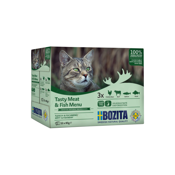 Bozita Bozita vlees & vis in gelei multipack natvoer kat 1 tray (12 x 85 g)