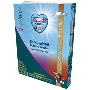 Renske Graanvrij vers gestoomd eend en hert hypoallergeen natvoer hond (kuip) 2 trays (20 x 395 g) afbeelding